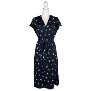 Draper James Nassau 100% Linen Dress Women’s 12 Floral Wrap Midi Short Sleeve